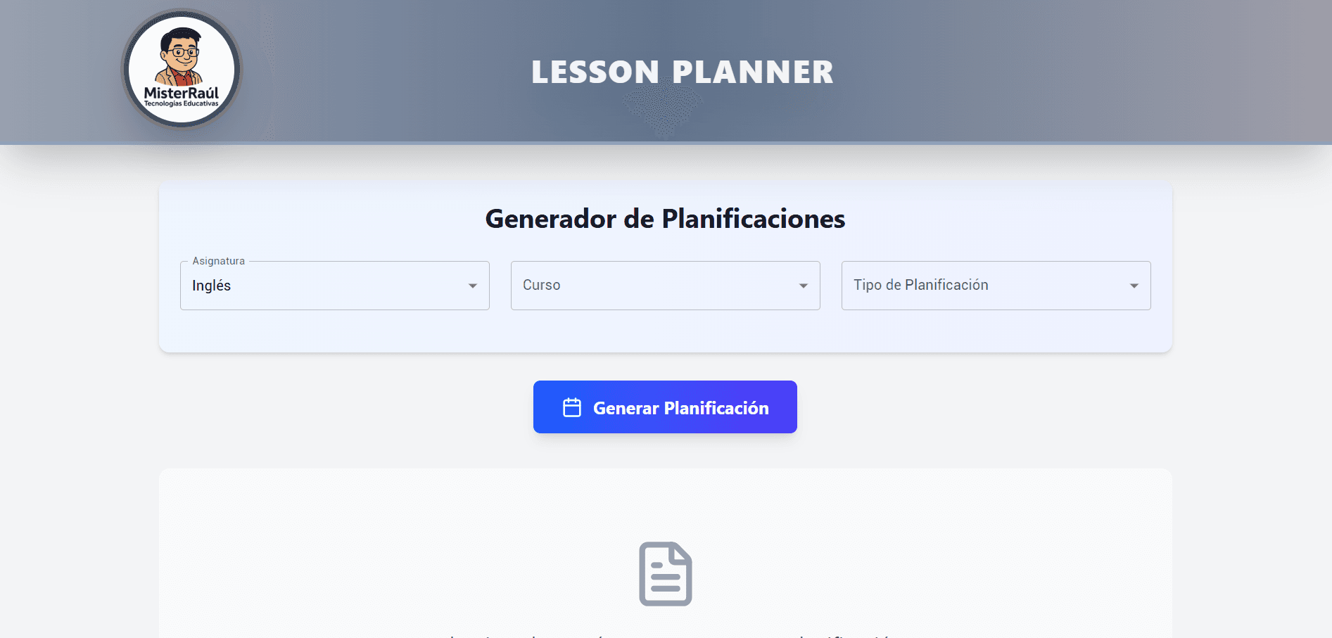 Captura de pantalla del proyecto LessonPlanner, genera tus planificaciones de clases con inteligencia artificial (2025)