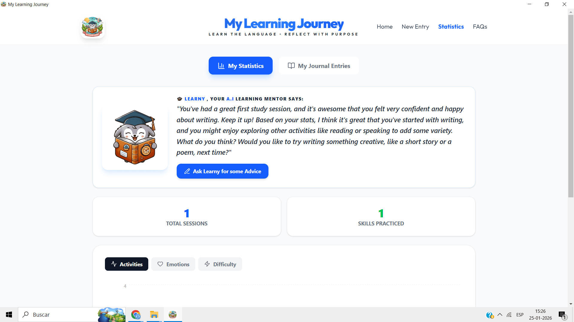 Captura de pantalla del proyecto My Learning Journey - Diario de apendizaje del inglés (2026)