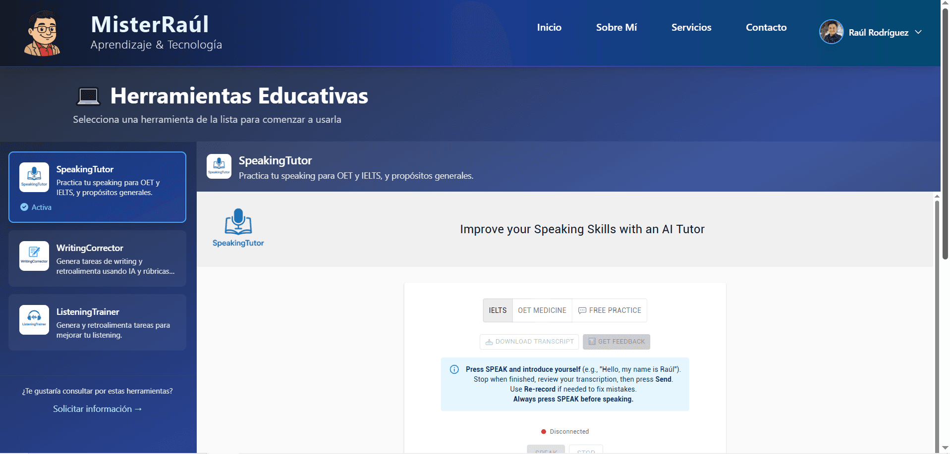 Captura de pantalla del proyecto MisterRaul, aplicación web full-stack para la enseñanza del inglés (2026)