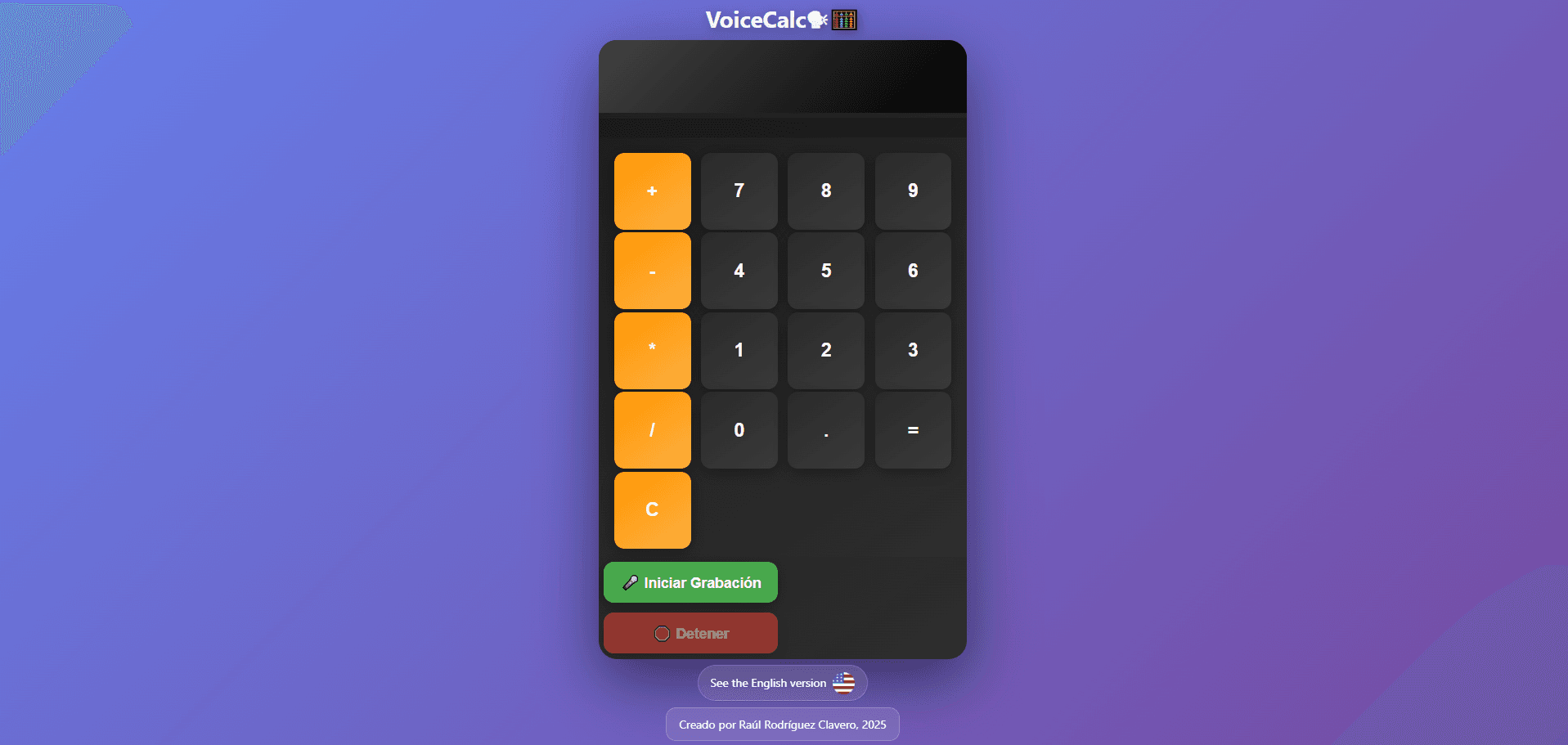 Captura de pantalla del proyecto VoiceCalc, Calculadora con Reconocimiento de Voz (2025)