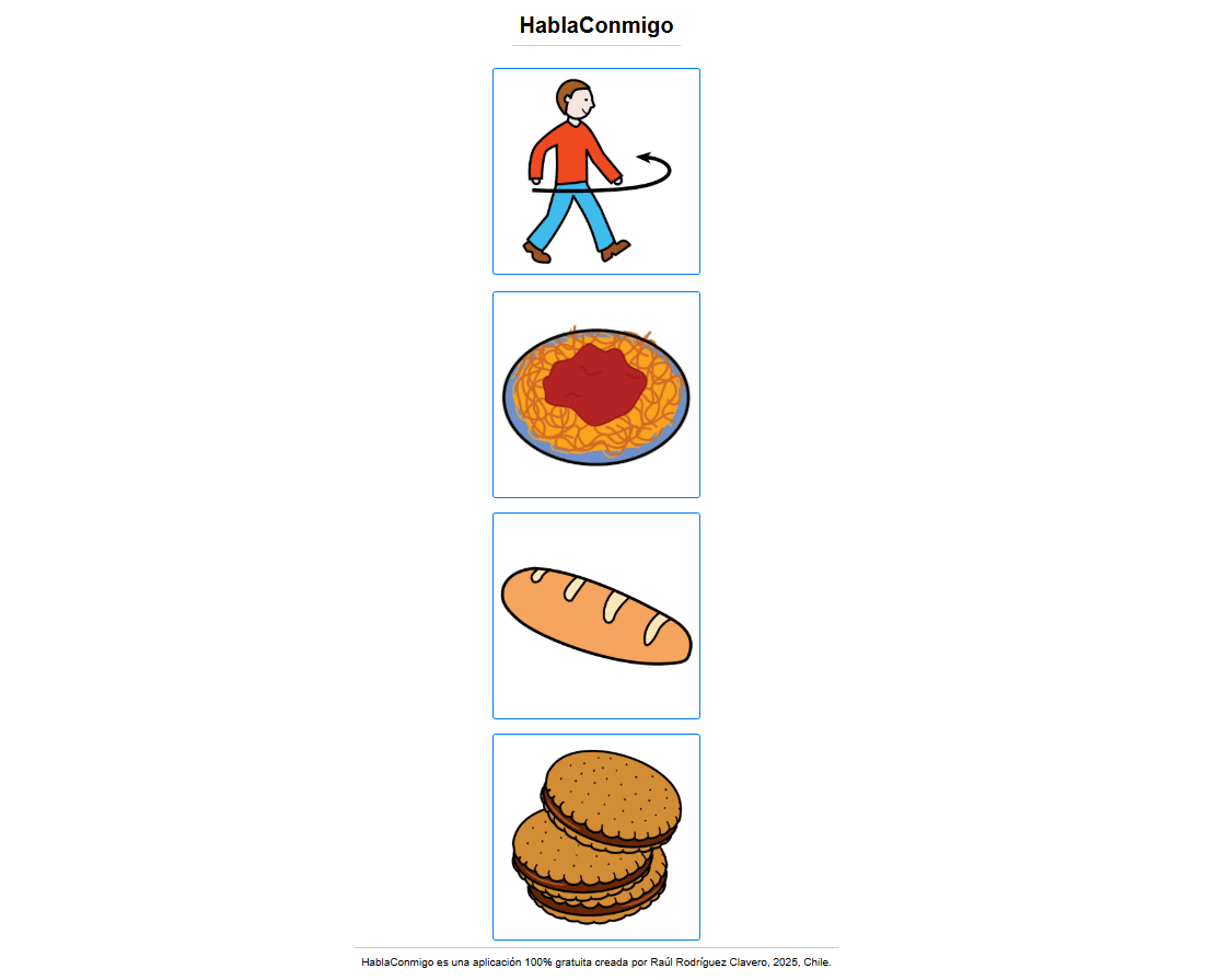 Captura de pantalla del proyecto Habla Conmigo, aplicación de comunicación aumentativa y alternativa para personas no verbales (2025)