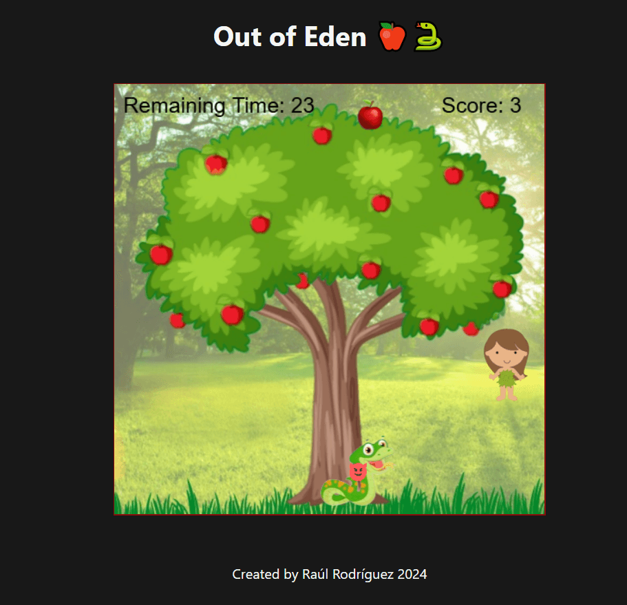 Captura de pantalla del proyecto Out of Eden, video juego 2D para la web (2025)
