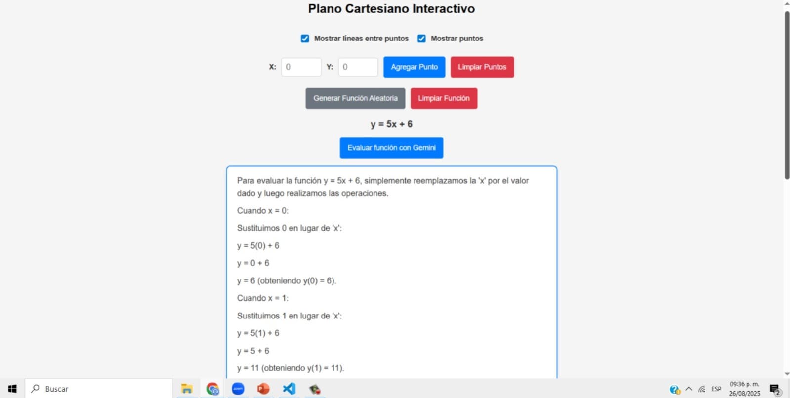 Captura de pantalla del proyecto PlanoCartesiano, aplicación web para la visualización de funciones en el plano cartesiano y su comprensión utilizando IA (2025)