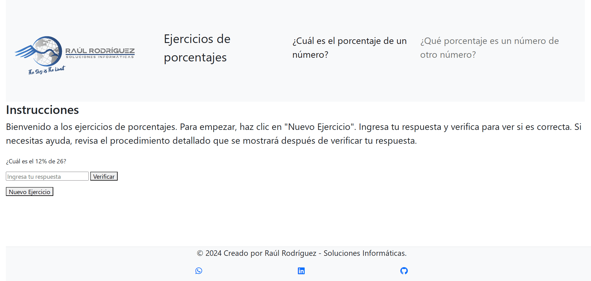 Captura de pantalla del proyecto Ejercicios de Porcentajes, aplicación Educativa (2024)