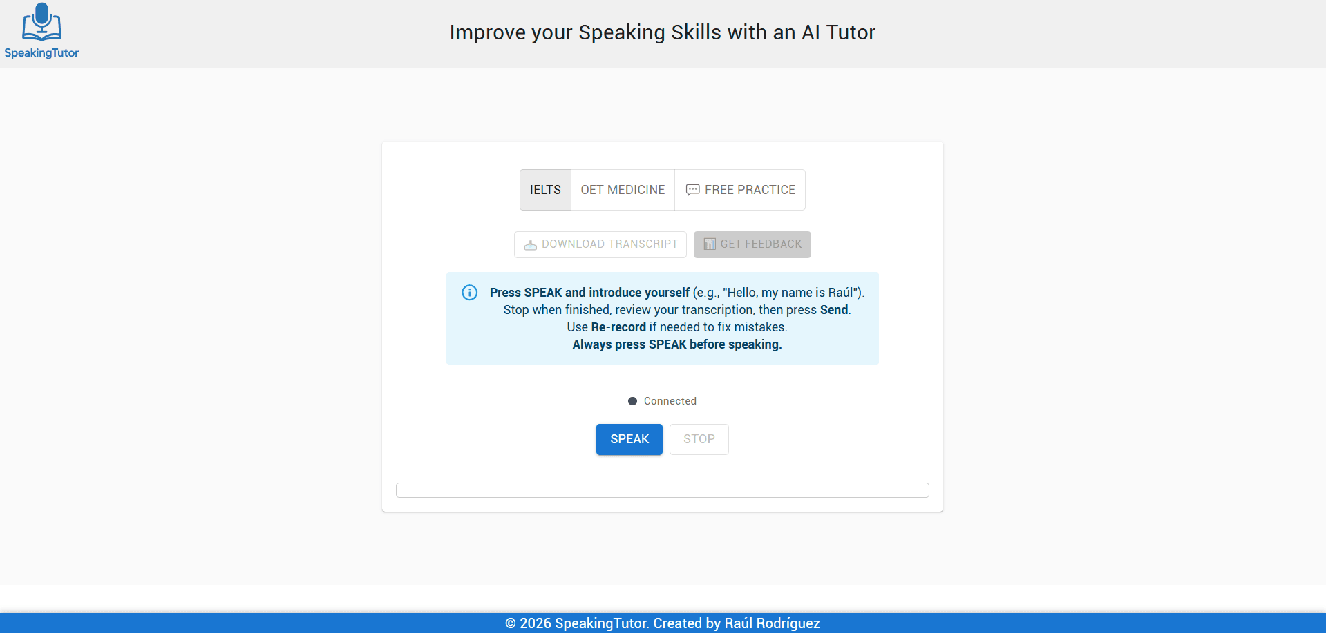Captura de pantalla del proyecto SpeakingTutor, desarrolla tus habilidades de conversación en inglés con inteligencia artificial (2025)