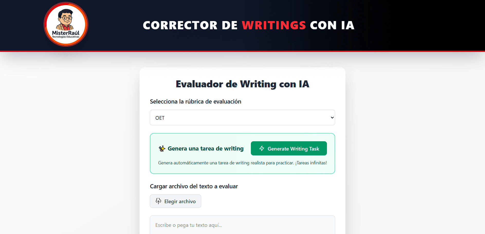 Captura de pantalla del proyecto WritingCorrector, obten retroalimentación detallada para tu escritura (2025)